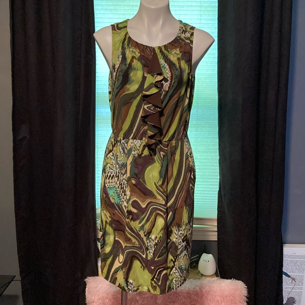 Rabbit Rabbit Rabbit acrylic pour pattern ruffle front gathered neckline dress 8